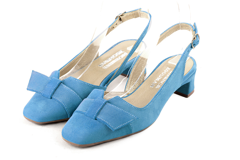 Turquoise blue women's slingback shoes. Square toe. Low kitten heels. Front view - Florence KOOIJMAN